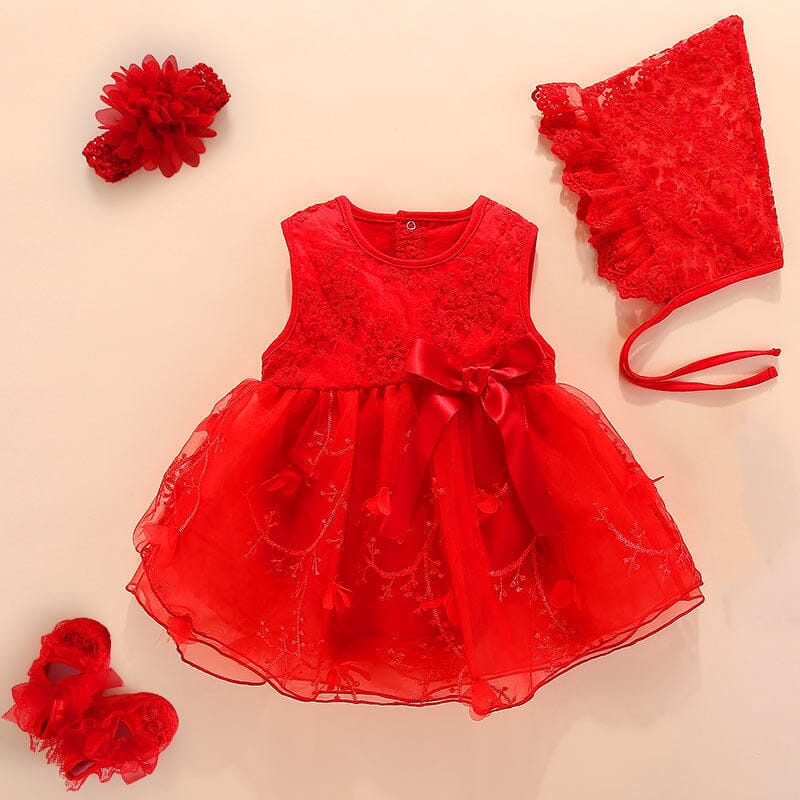 Vestido Infantil Renda e Detalhes + Touca Loja Click Certo Vermelho 0-3 Meses 