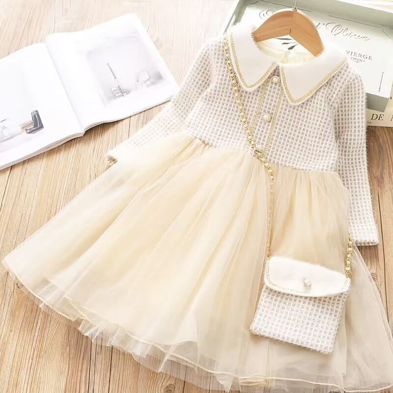 Vestido Infantil Tule + Bolsinha Loja Click Certo Bege 2-3 Anos 