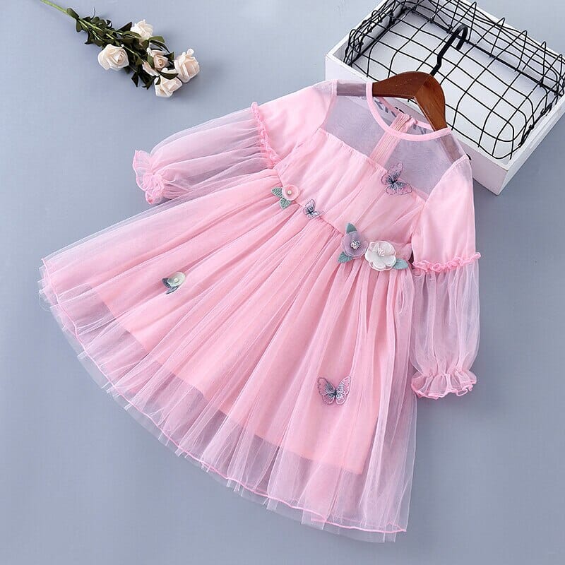 Vestido Infantil Tule Flores e Borboleta Loja Click Certo 