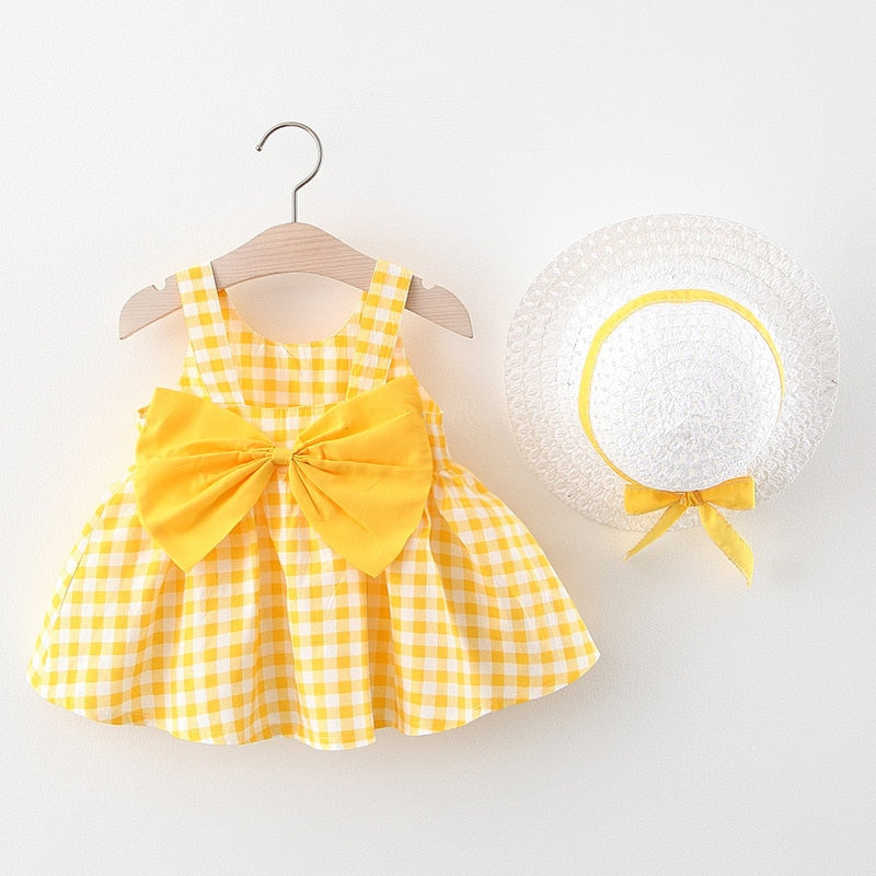 Vestido Infantil Xadrez e Laço + Chapéu vestido Loja Click Certo Amarelo 4-6 meses 
